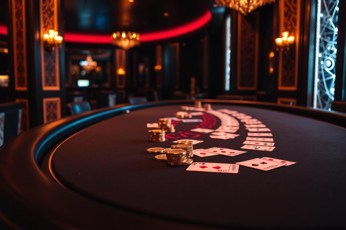 Mesa de blackjack VIP con cartas y fichas doradas