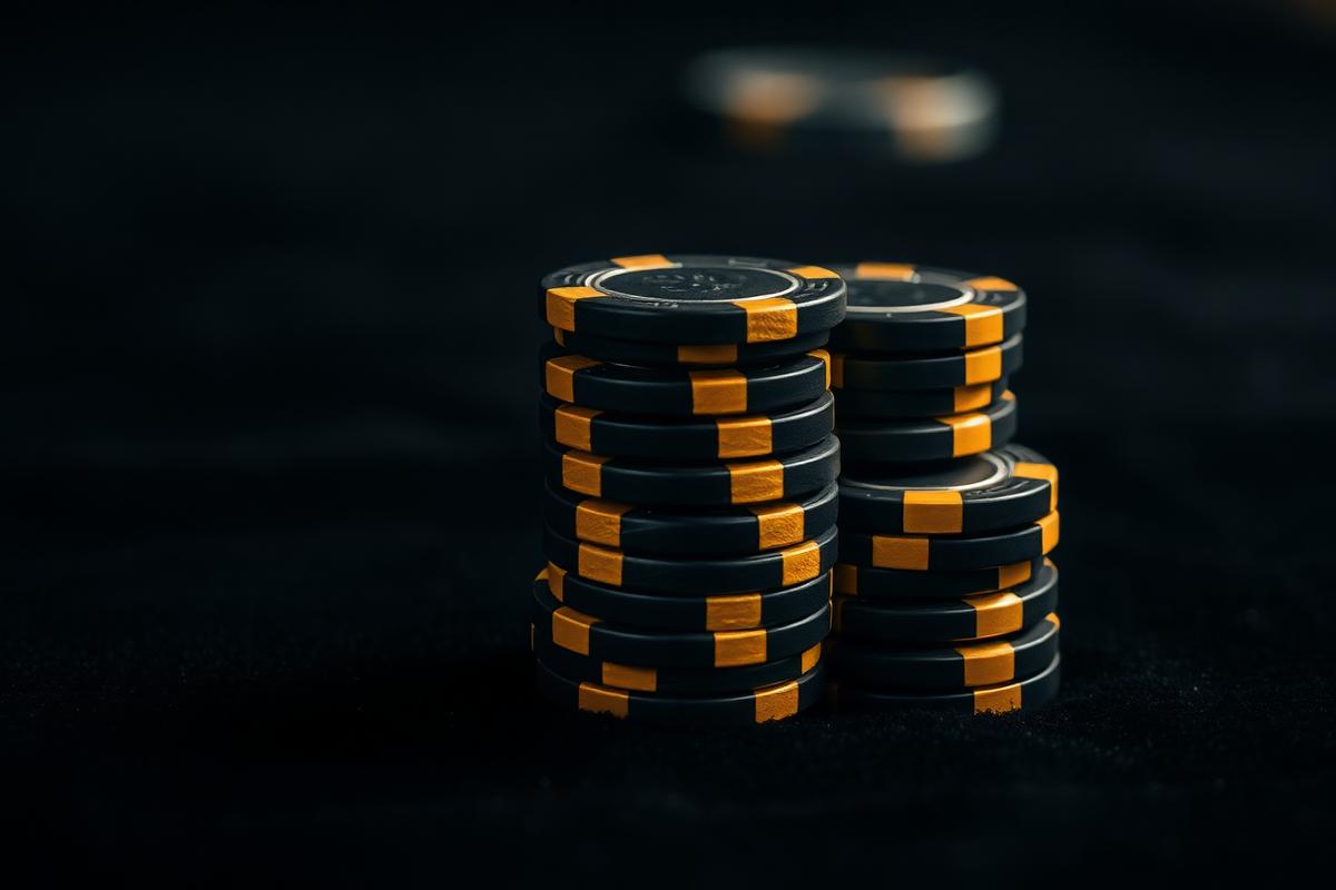 Pila de fichas premium negras y doradas sobre tapete oscuro